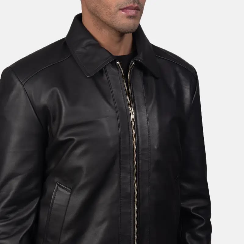 Men’s Black Leather Jacket – Classic Zip-Up Casual Jacket