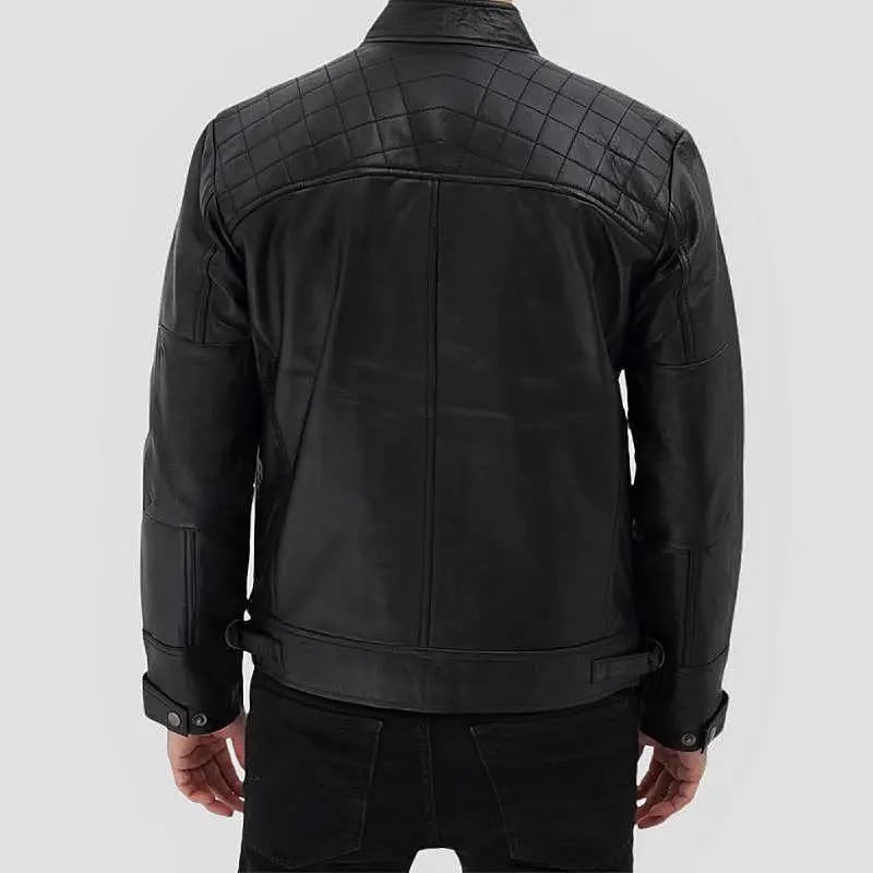 Men’s Black Leather Jacket – Quilted Shoulder & Multi-Zip Design