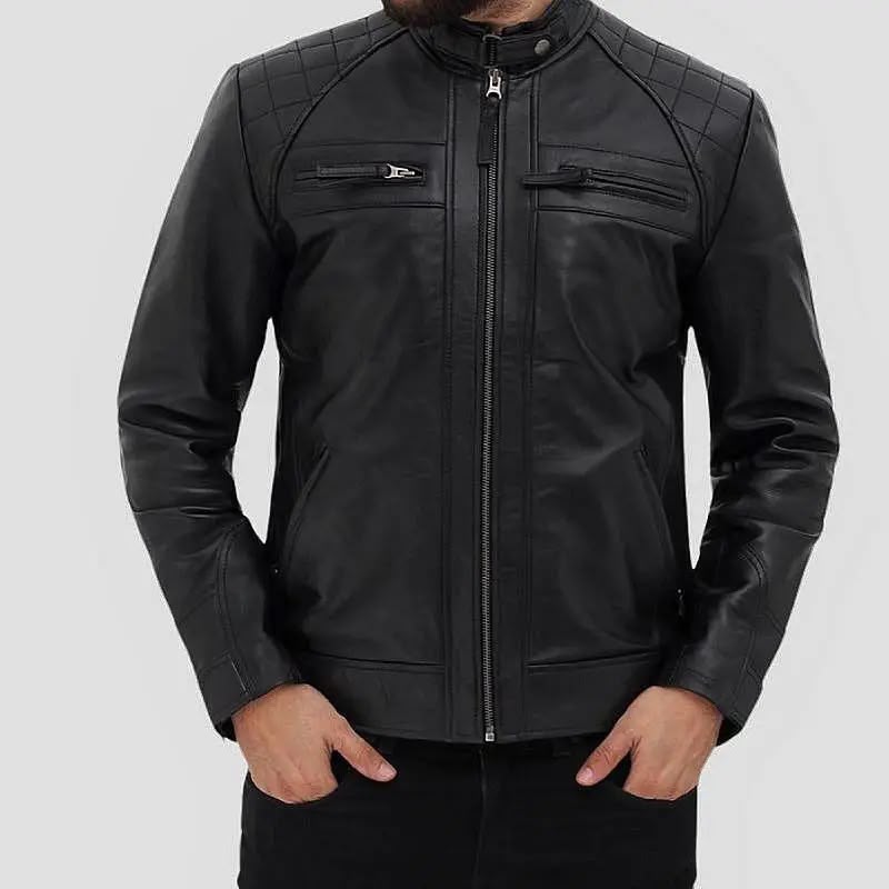 Men’s Black Leather Jacket – Quilted Shoulder & Multi-Zip Design