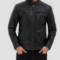 Men’s Black Leather Jacket – Quilted Shoulder & Multi-Zip Design