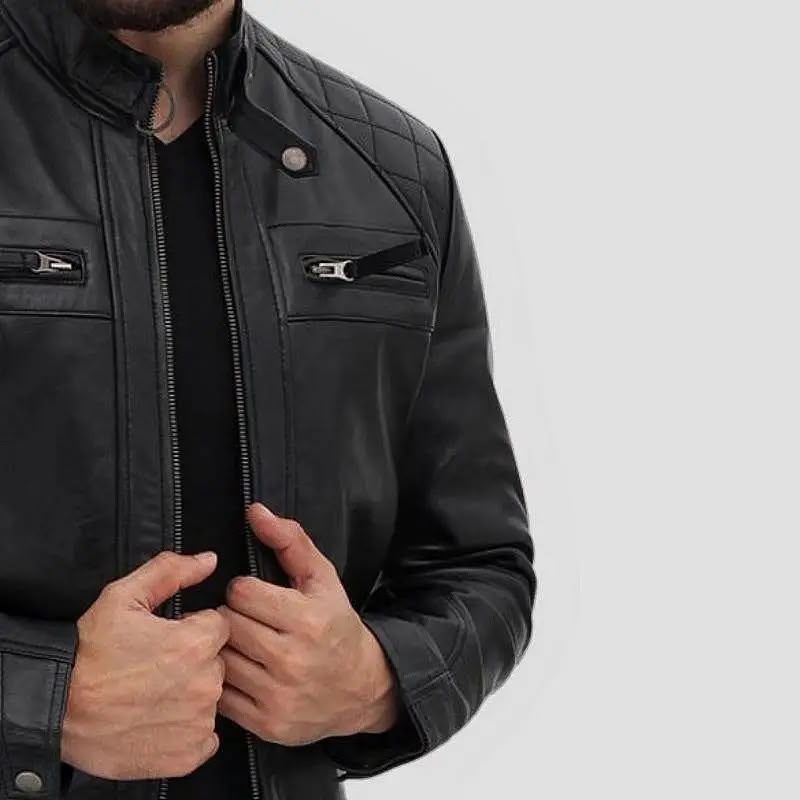 Men’s Black Leather Jacket – Quilted Shoulder & Multi-Zip Design