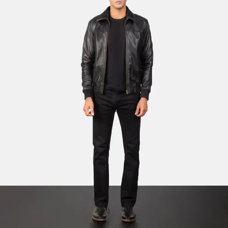 Men’s Black Leather Bomber Jacket – Classic Zip-Up Ribbed Jacket