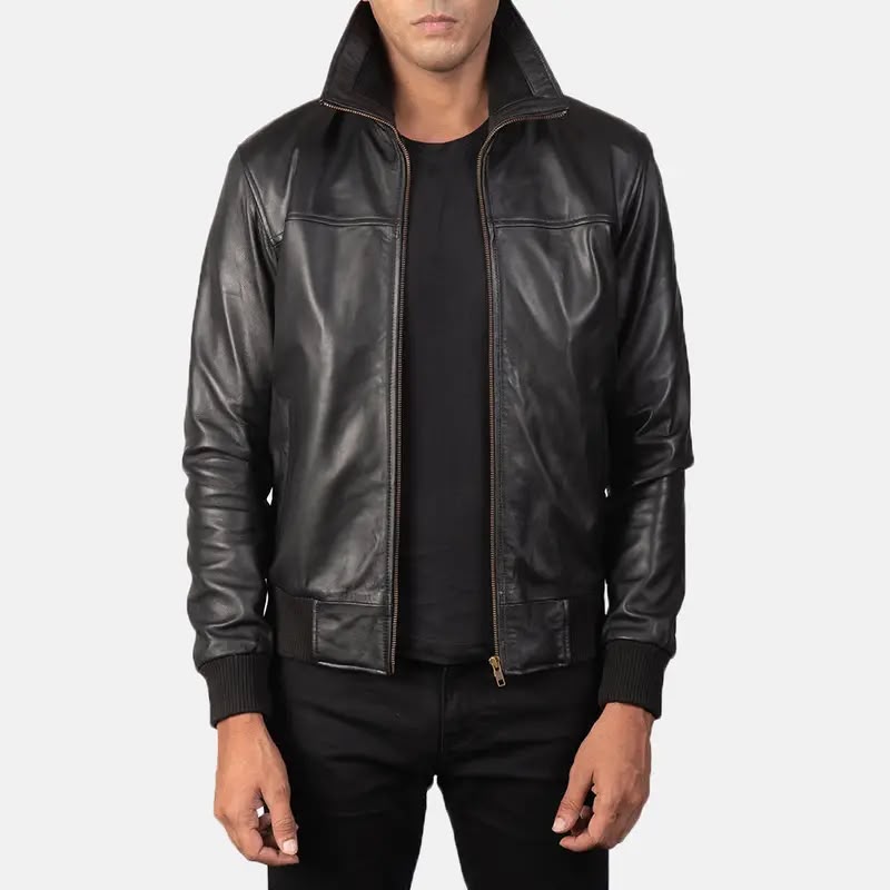 Men’s Black Leather Bomber Jacket – Classic Zip-Up Ribbed Jacket