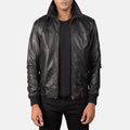 Men’s Black Leather Bomber Jacket – Classic Zip-Up Ribbed Jacket