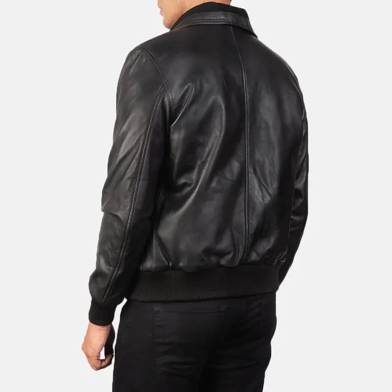 Men’s Black Leather Bomber Jacket – Classic Zip-Up Ribbed Jacket