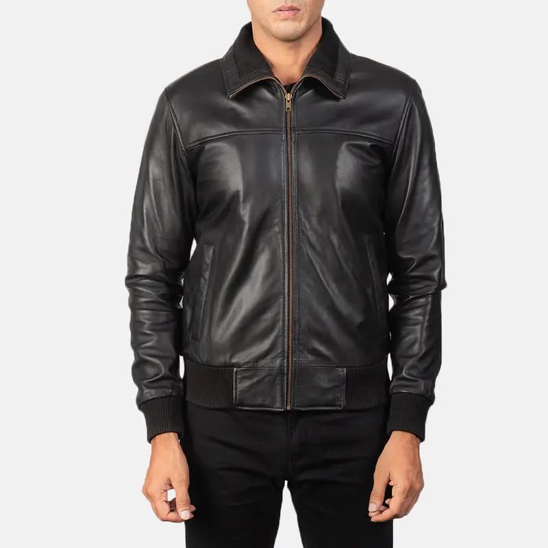 Men’s Black Leather Bomber Jacket – Classic Zip-Up Ribbed Jacket