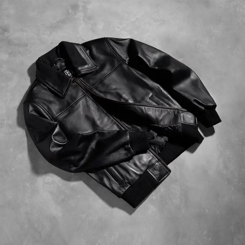 Men’s Black Leather Bomber Jacket – Classic Zip-Up Ribbed Jacket