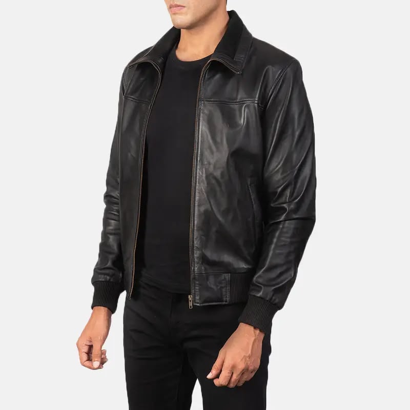 Men’s Black Leather Bomber Jacket – Classic Zip-Up Ribbed Jacket