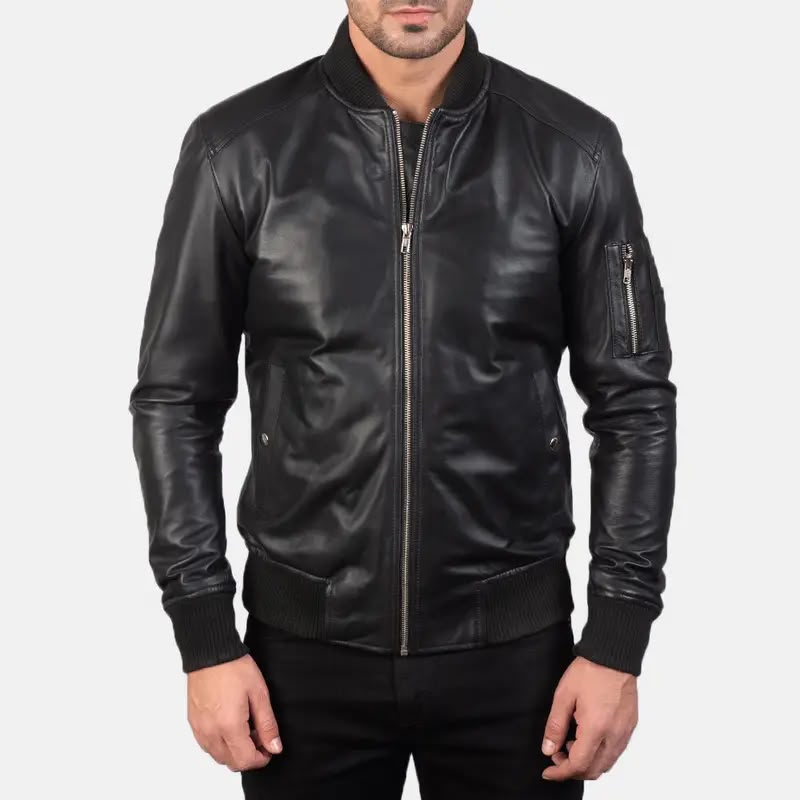 Men’s Black Leather Bomber Jacket with Utility Sleeve Pocket