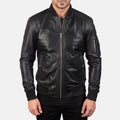Men’s Black Leather Bomber Jacket with Utility Sleeve Pocket