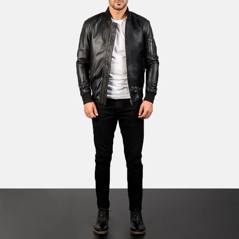 Men’s Black Leather Bomber Jacket with Utility Sleeve Pocket