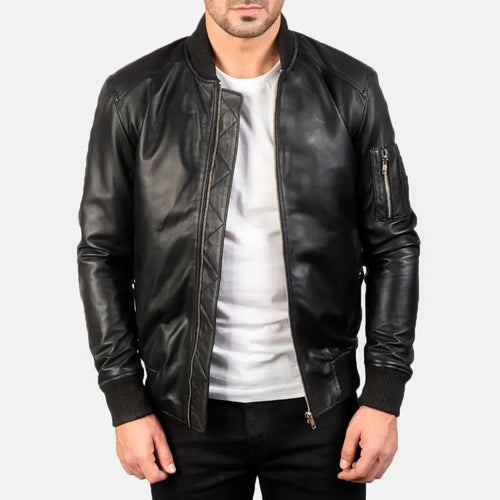 Men’s Black Leather Bomber Jacket with Utility Sleeve Pocket