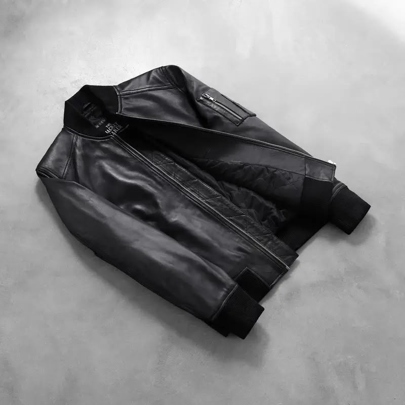 Men’s Black Leather Bomber Jacket with Utility Sleeve Pocket