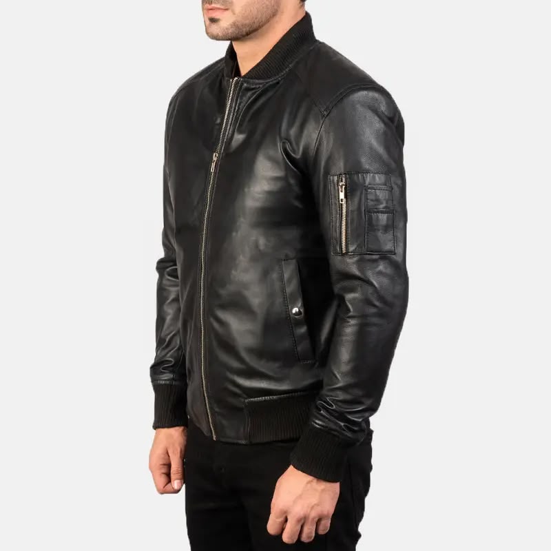 Men’s Black Leather Bomber Jacket with Utility Sleeve Pocket