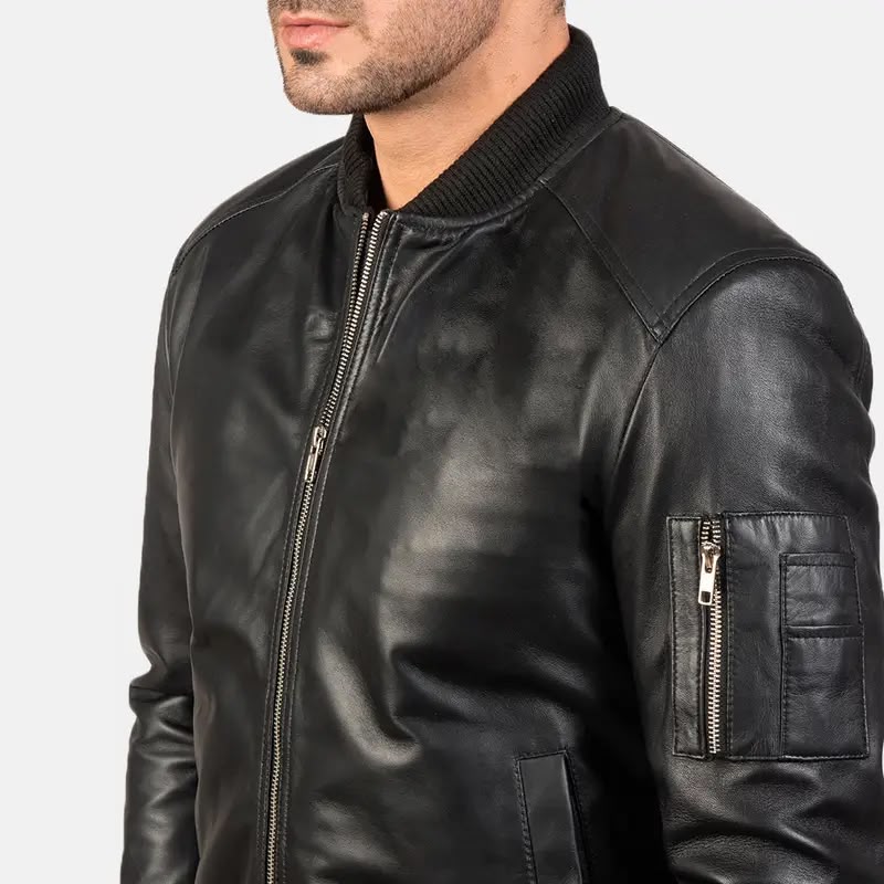 Men’s Black Leather Bomber Jacket with Utility Sleeve Pocket