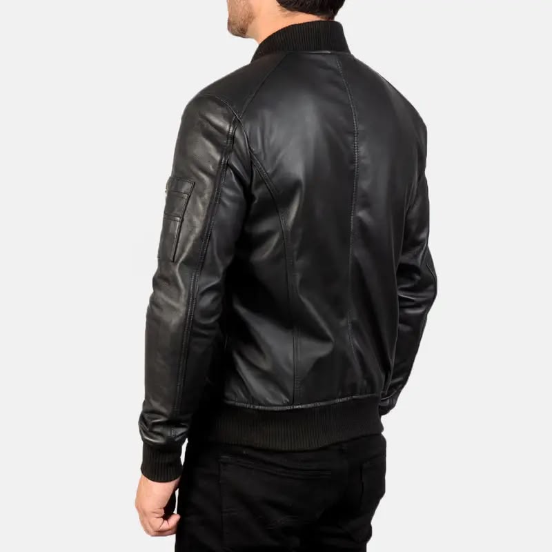 Men’s Black Leather Bomber Jacket with Utility Sleeve Pocket