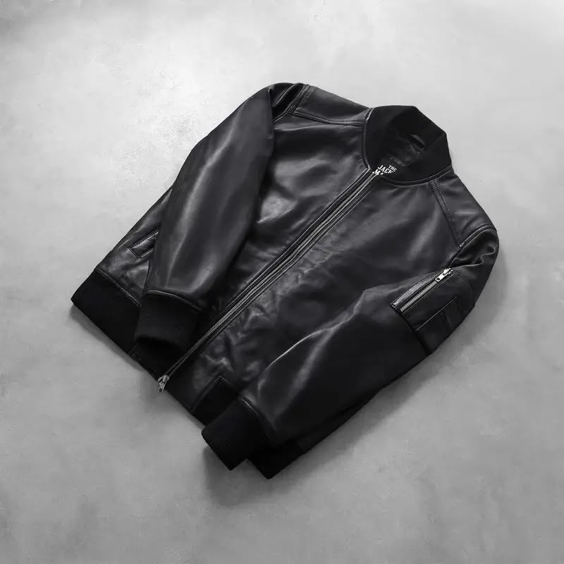 Men’s Black Leather Bomber Jacket with Utility Sleeve Pocket