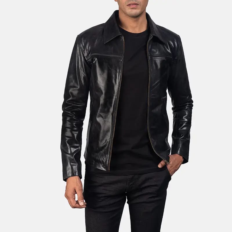Men’s Genuine Leather Jacket – Classic Black Leather Jacket with Front Zipper & Shirt Collar