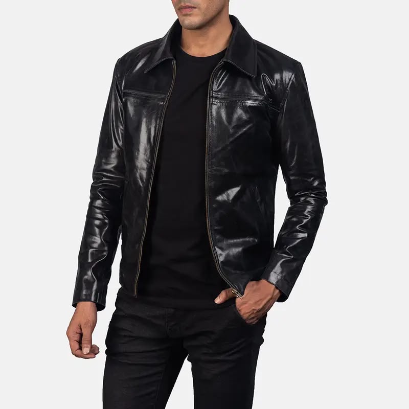 Men’s Genuine Leather Jacket – Classic Black Leather Jacket with Front Zipper & Shirt Collar