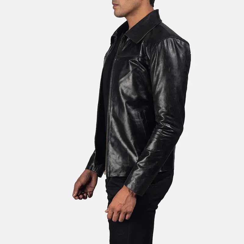 Men’s Genuine Leather Jacket – Classic Black Leather Jacket with Front Zipper & Shirt Collar