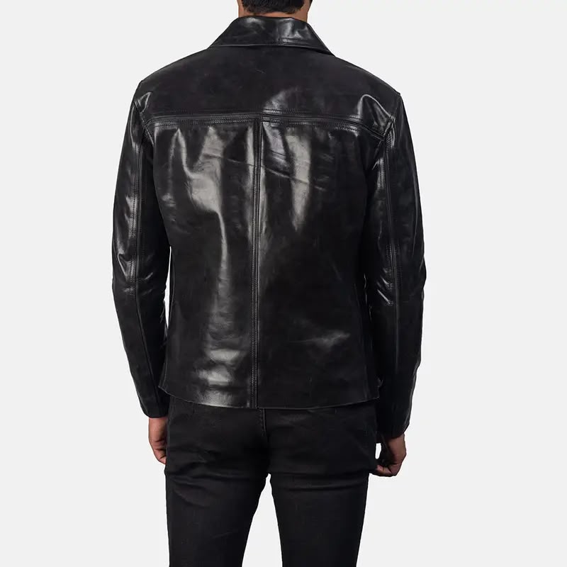 Men’s Genuine Leather Jacket – Classic Black Leather Jacket with Front Zipper & Shirt Collar