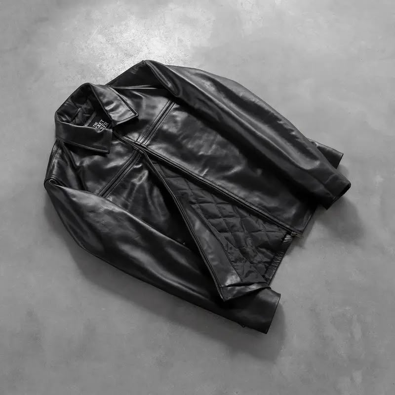Men’s Genuine Leather Jacket – Classic Black Leather Jacket with Front Zipper & Shirt Collar