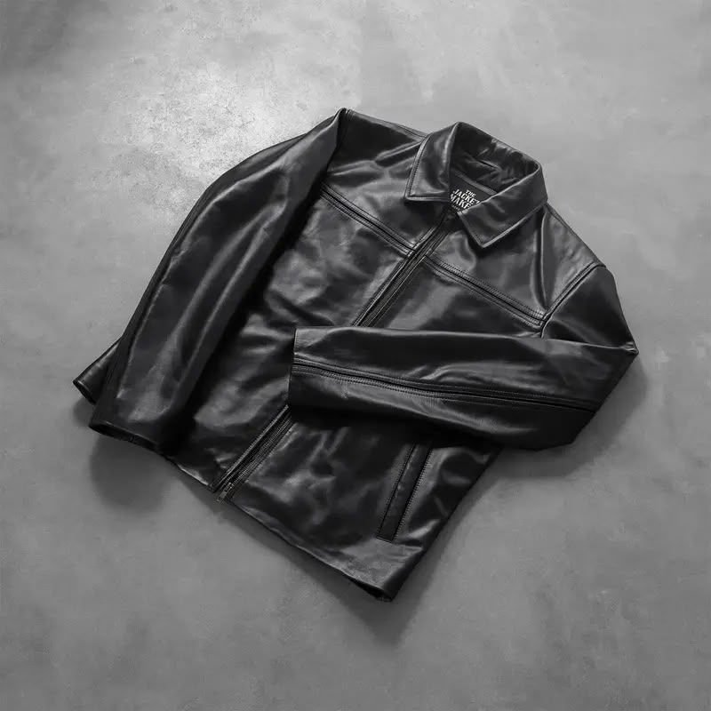 Men’s Genuine Leather Jacket – Classic Black Leather Jacket with Front Zipper & Shirt Collar