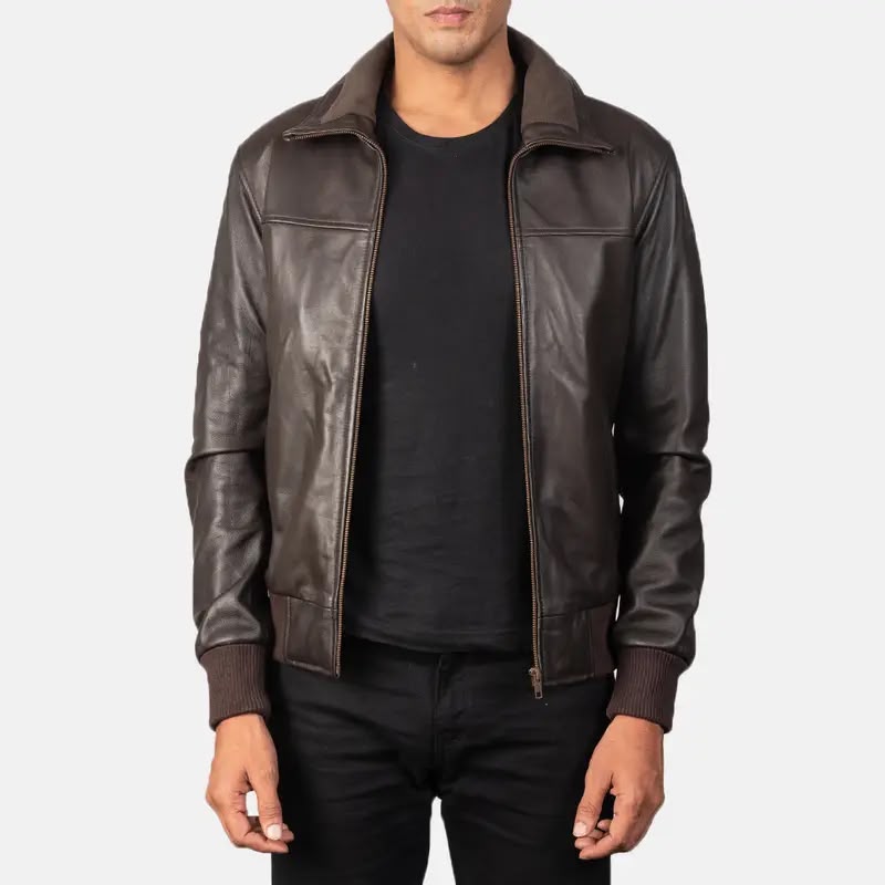 Men’s Brown Leather Bomber Jacket – Classic Zip-Up Ribbed Jacket