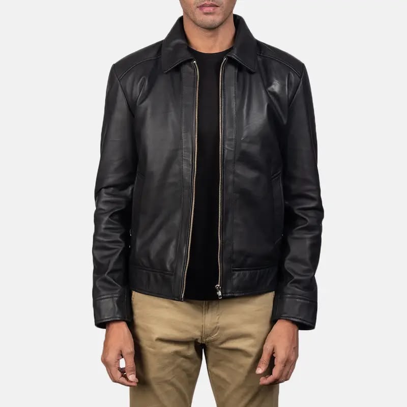 Men’s Black Leather Jacket – Classic Zip-Up Casual Jacket