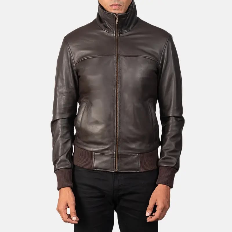 Men’s Brown Leather Bomber Jacket – Classic Zip-Up Ribbed Jacket
