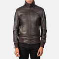 Men’s Brown Leather Bomber Jacket – Classic Zip-Up Ribbed Jacket
