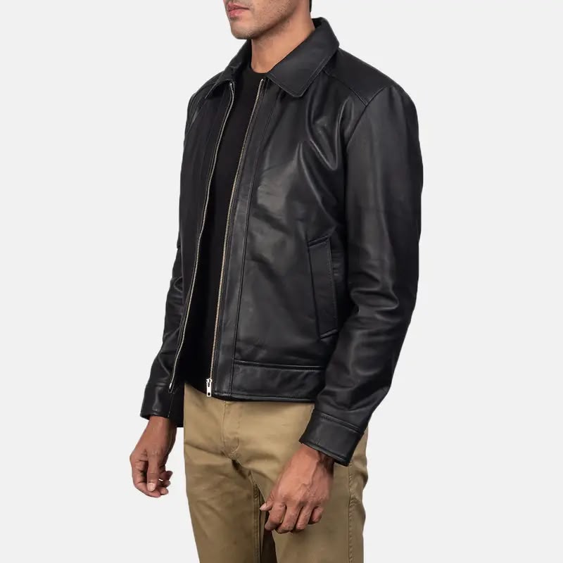 Men’s Black Leather Jacket – Classic Zip-Up Casual Jacket