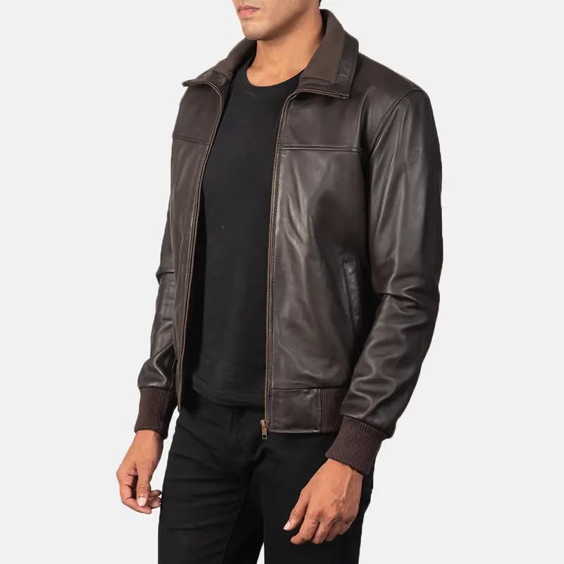 Men’s Brown Leather Bomber Jacket – Classic Zip-Up Ribbed Jacket