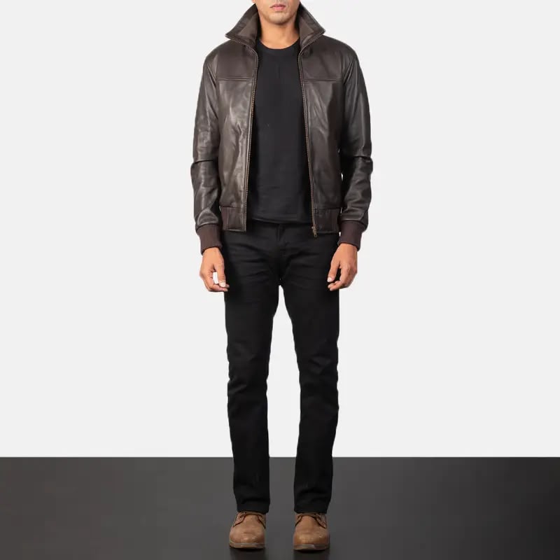 Men’s Brown Leather Bomber Jacket – Classic Zip-Up Ribbed Jacket