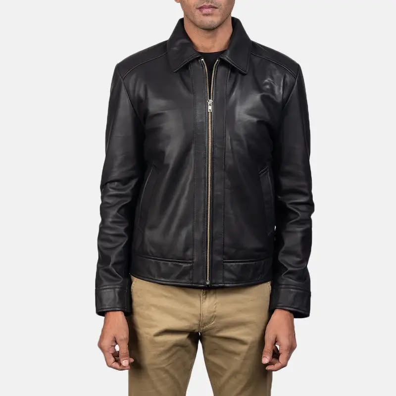 Men’s Black Leather Jacket – Classic Zip-Up Casual Jacket