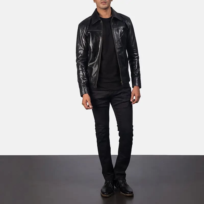 Men’s Genuine Leather Jacket – Classic Black Leather Jacket with Front Zipper & Shirt Collar