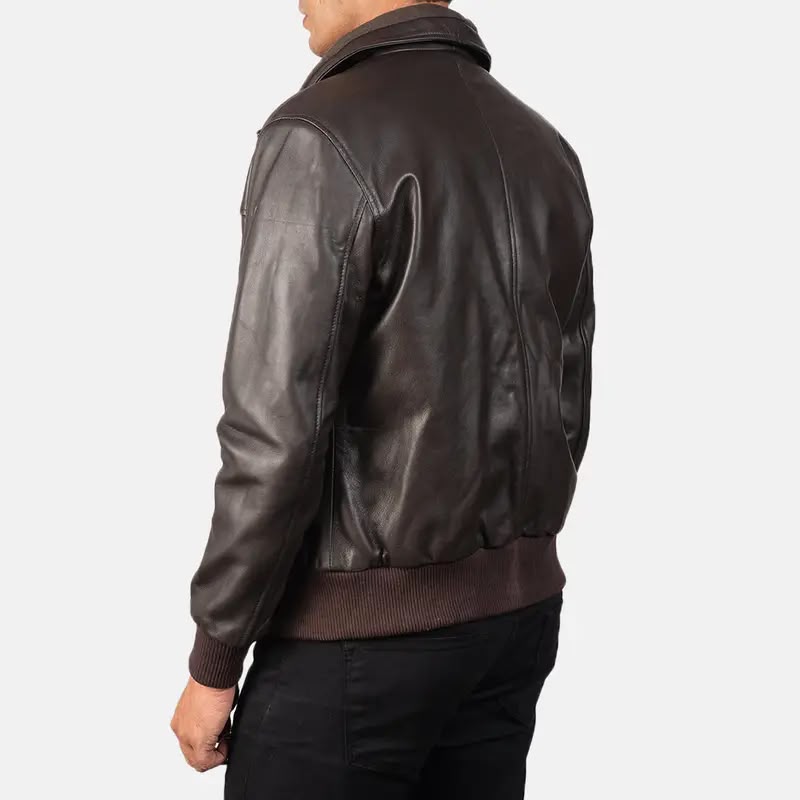 Men’s Brown Leather Bomber Jacket – Classic Zip-Up Ribbed Jacket