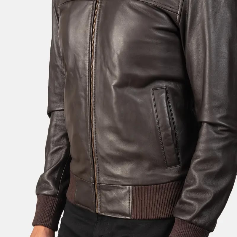 Men’s Brown Leather Bomber Jacket – Classic Zip-Up Ribbed Jacket