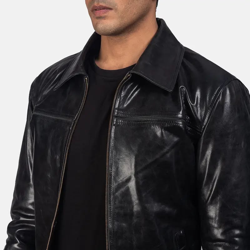 Men’s Genuine Leather Jacket – Classic Black Leather Jacket with Front Zipper & Shirt Collar