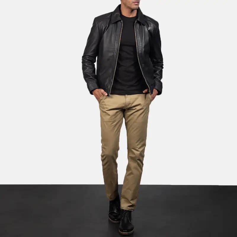 Men’s Black Leather Jacket – Classic Zip-Up Casual Jacket